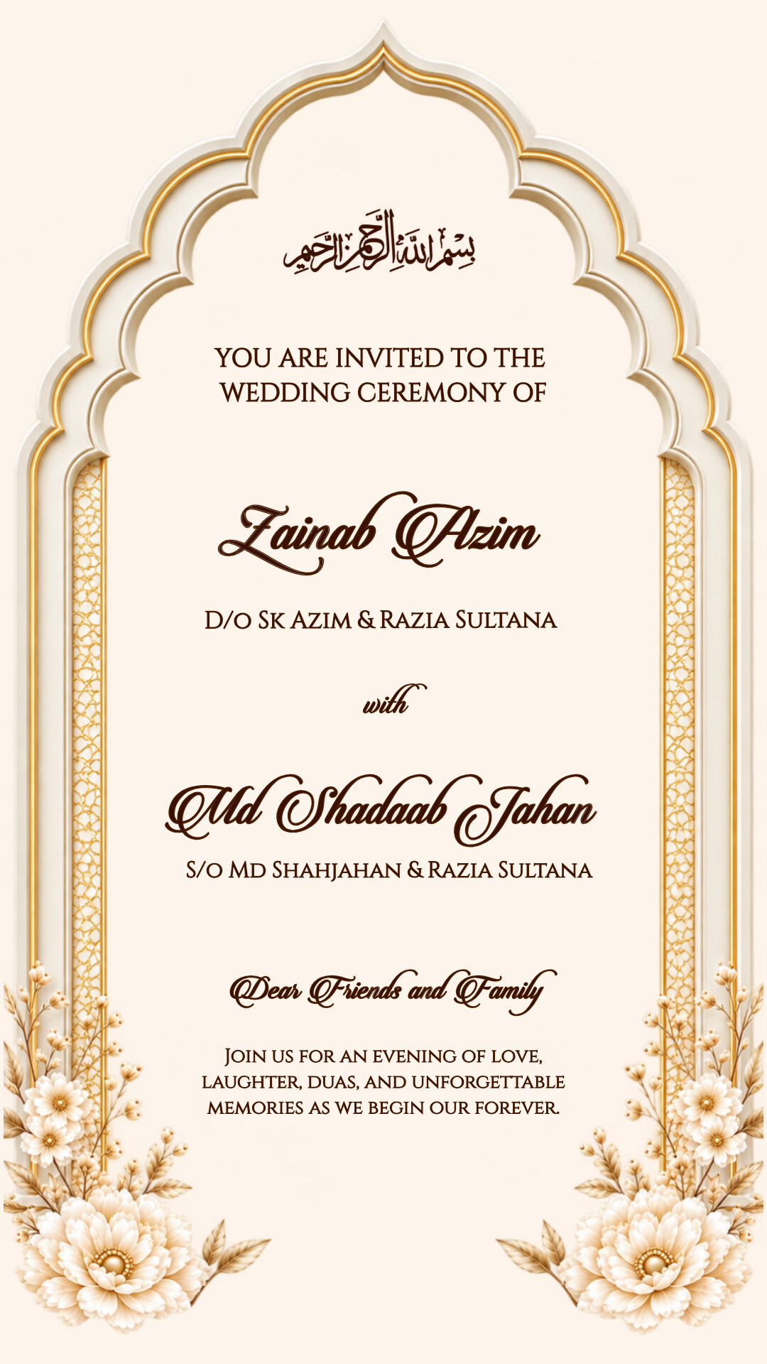 Wedding invitation artwork for Zainab Azim and Md Shadaab Jahan
